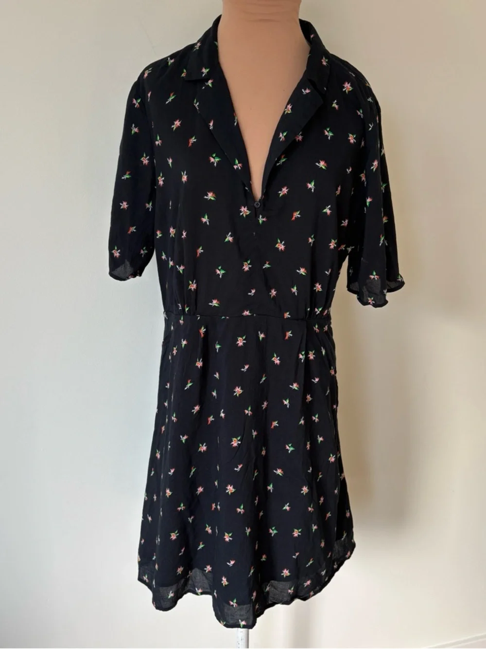 & Other Stories Black Floral Print Cotton Blend Collared Fit & Flare Dress Sz 12